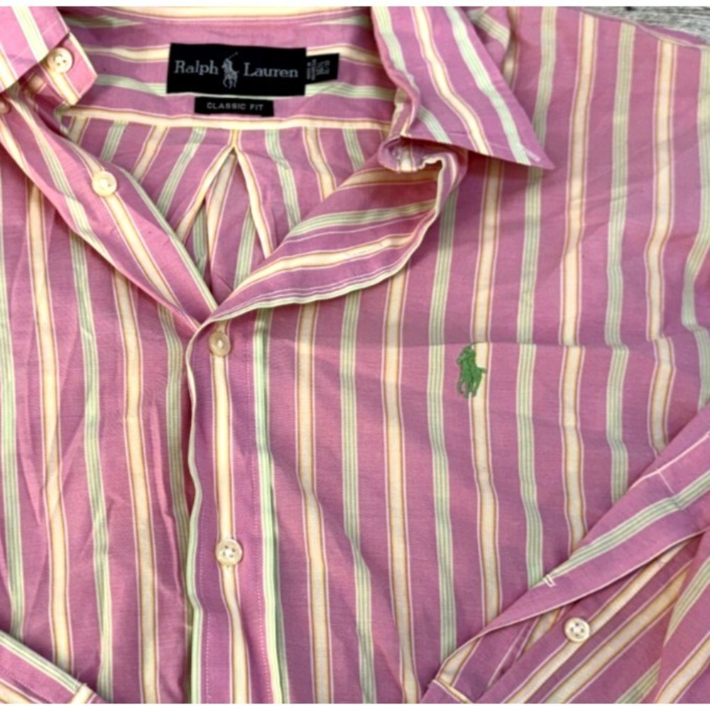 Ralph Lauren Shirt Mens Pink Green Yellow Stripe Classic Button Down 16.5 32/33